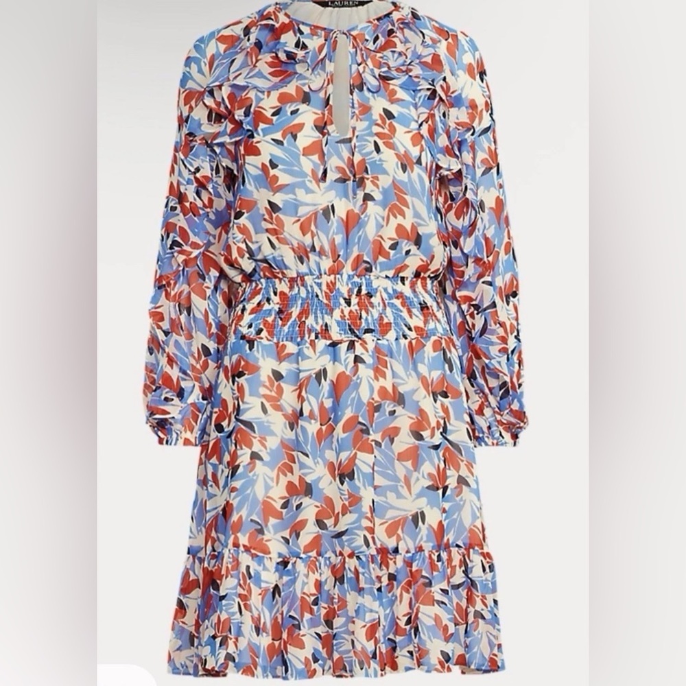 Ralph Lauren Floral Crinkled Georgette Long Sleeve Dress size 14P